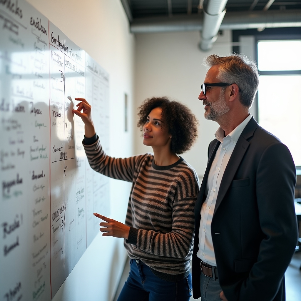 Two people auditing existing content coverage on a whiteboard filled with topic notes