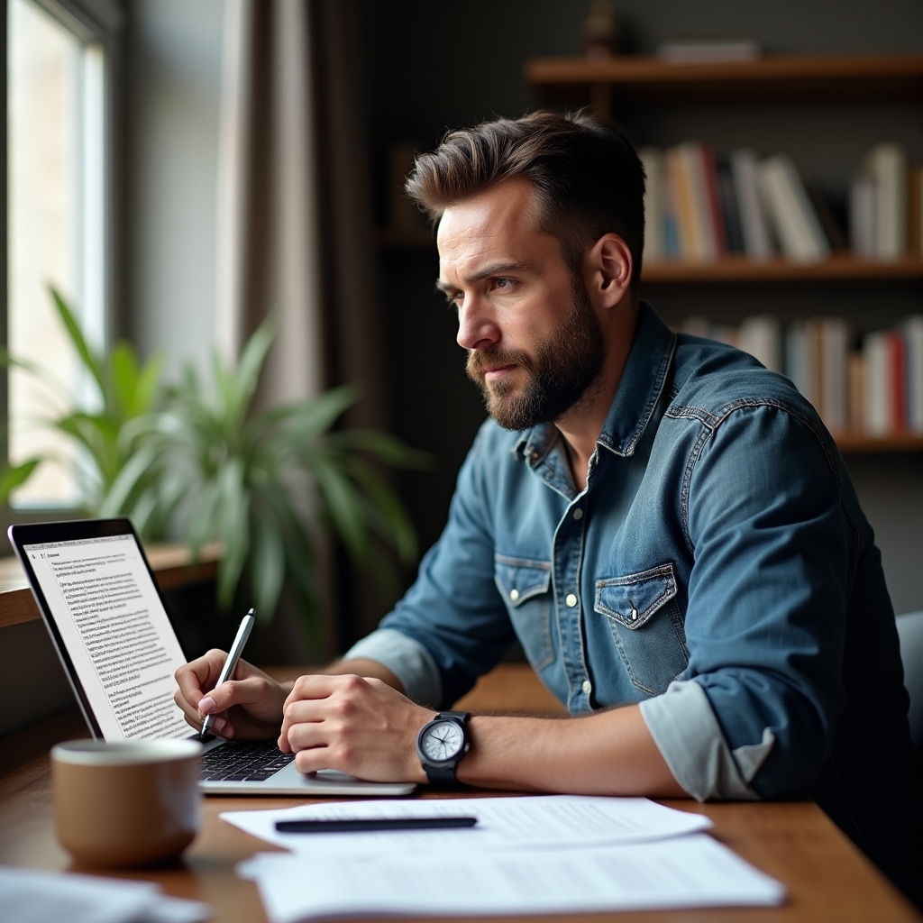 Blogger drafting a long-form article at a wooden desk with reference notes and a laptop