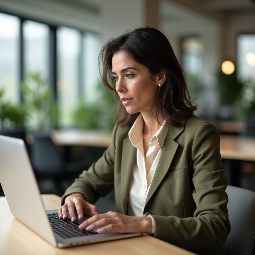 Content creator reviewing a topic cluster map on a laptop in a bright coworking space