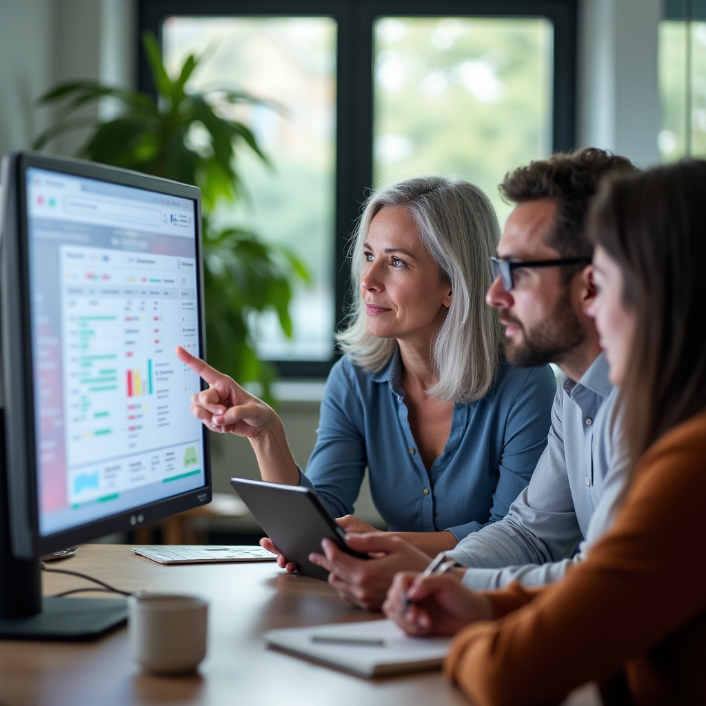 Content team reviewing search intent categories on a monitor during a planning session