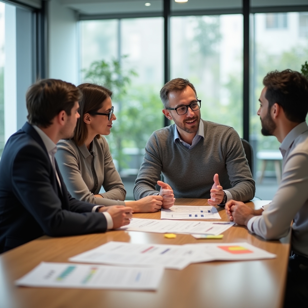 A small content team discussing pricing tracks around a table with printed materials