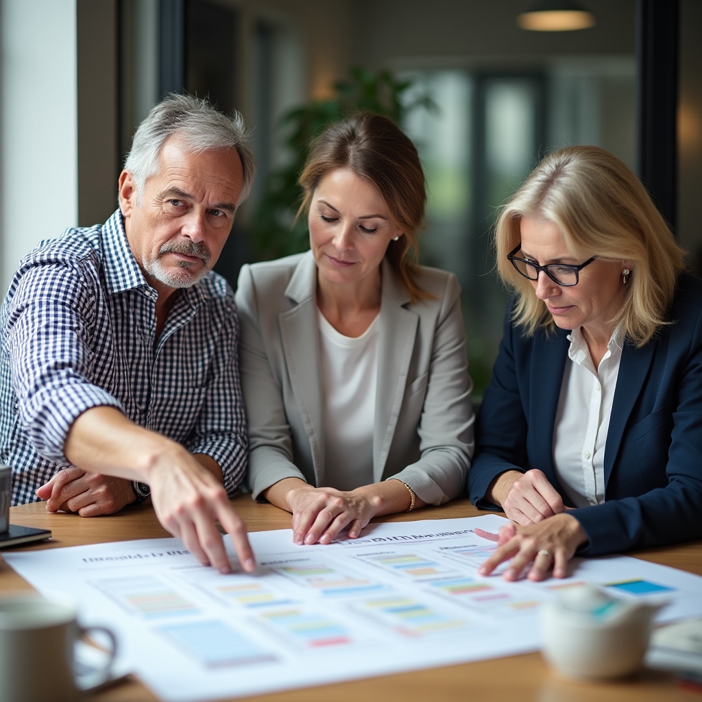 A small group planning a content publishing schedule together in a collaborative meeting room