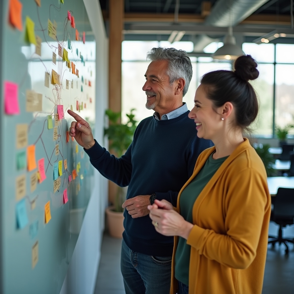 Two content strategists mapping an underserved topic cluster on a glass board in a modern office